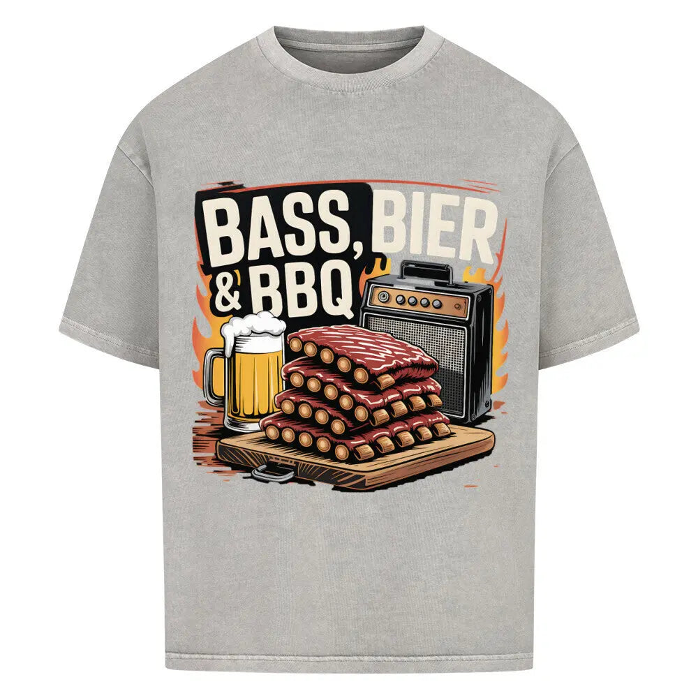 Bass, Bier & BBQ – Oversized Shirt – Motivdruck in Washed Grey