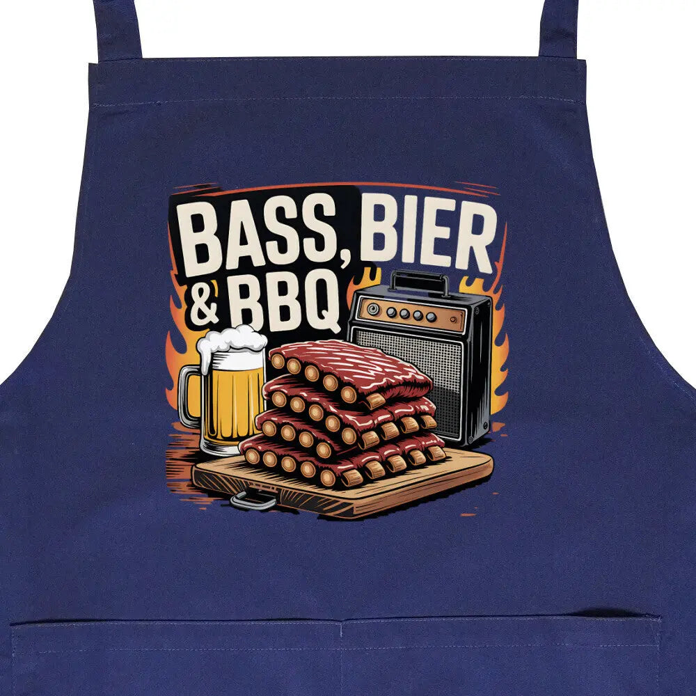 Bass, Bier & BBQ – Grillschürze – Motivdruck in Navy, Nahaufnahme