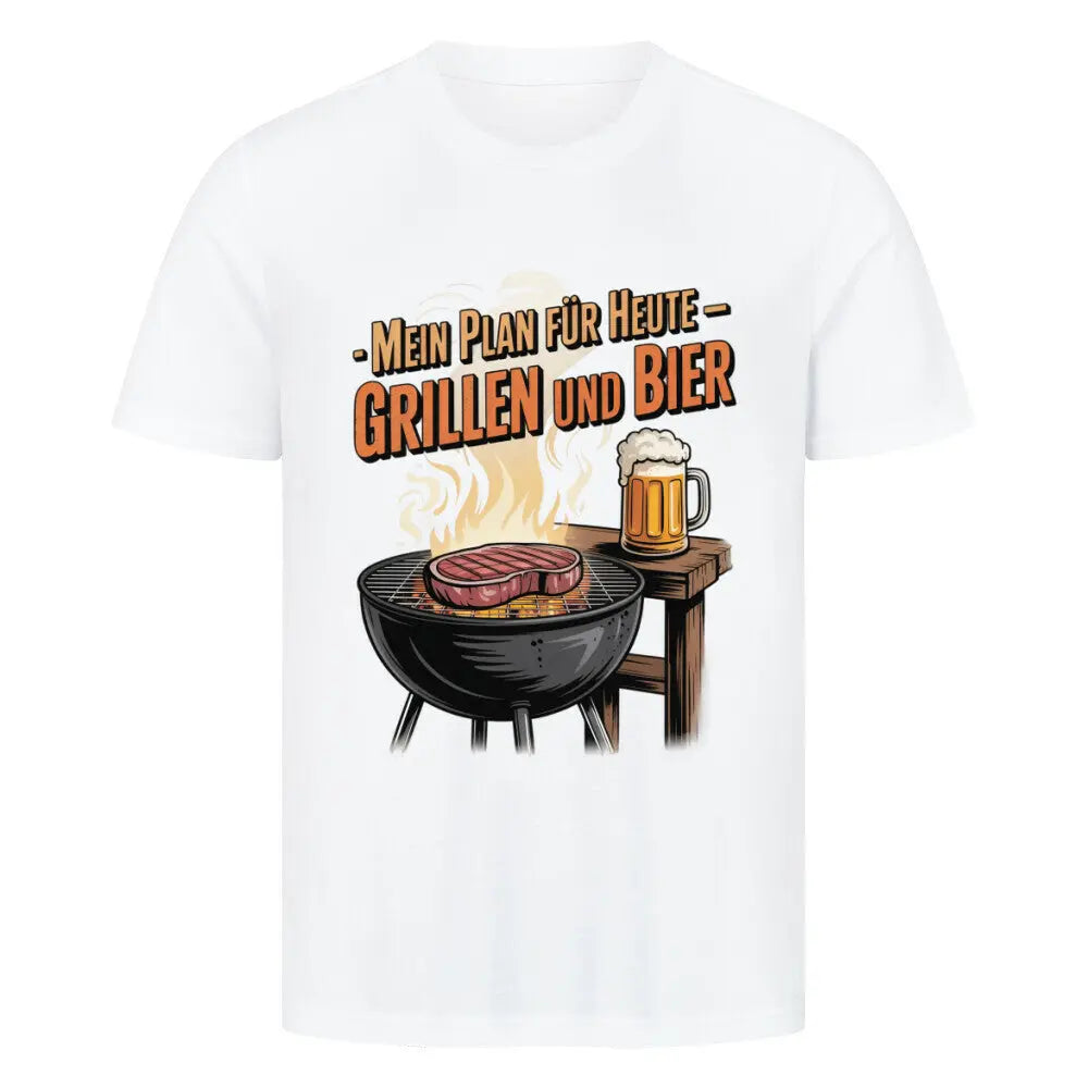 Mein Plan für Heute – Grillen und Bier – Premium T-Shirt – Motivdruck in Weiß