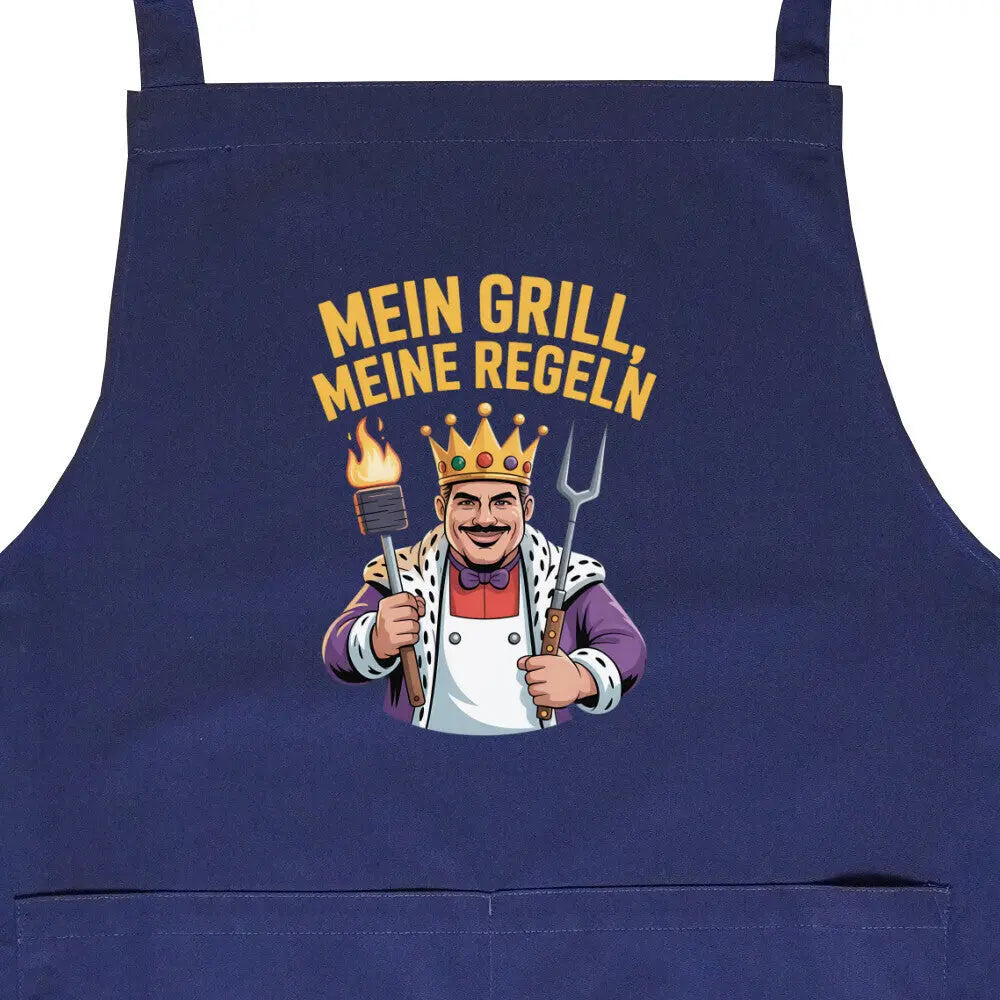 Mein Grill, Meine Regeln – Grillschürze – Motivdruck in Navy, Nahaufnahme