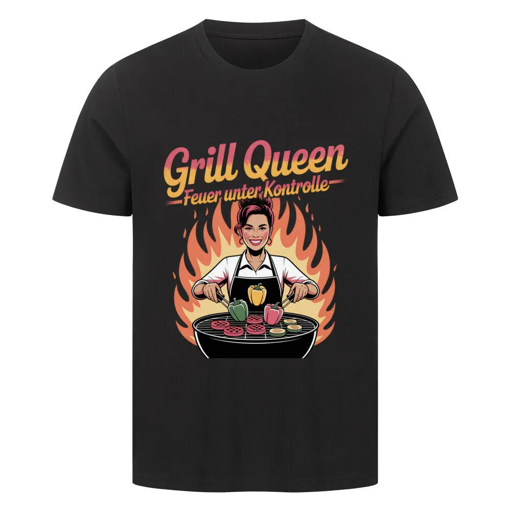Grill Queen – Feuer unter Kontrolle – Premium T-Shirt – Motivdruck in Schwarz