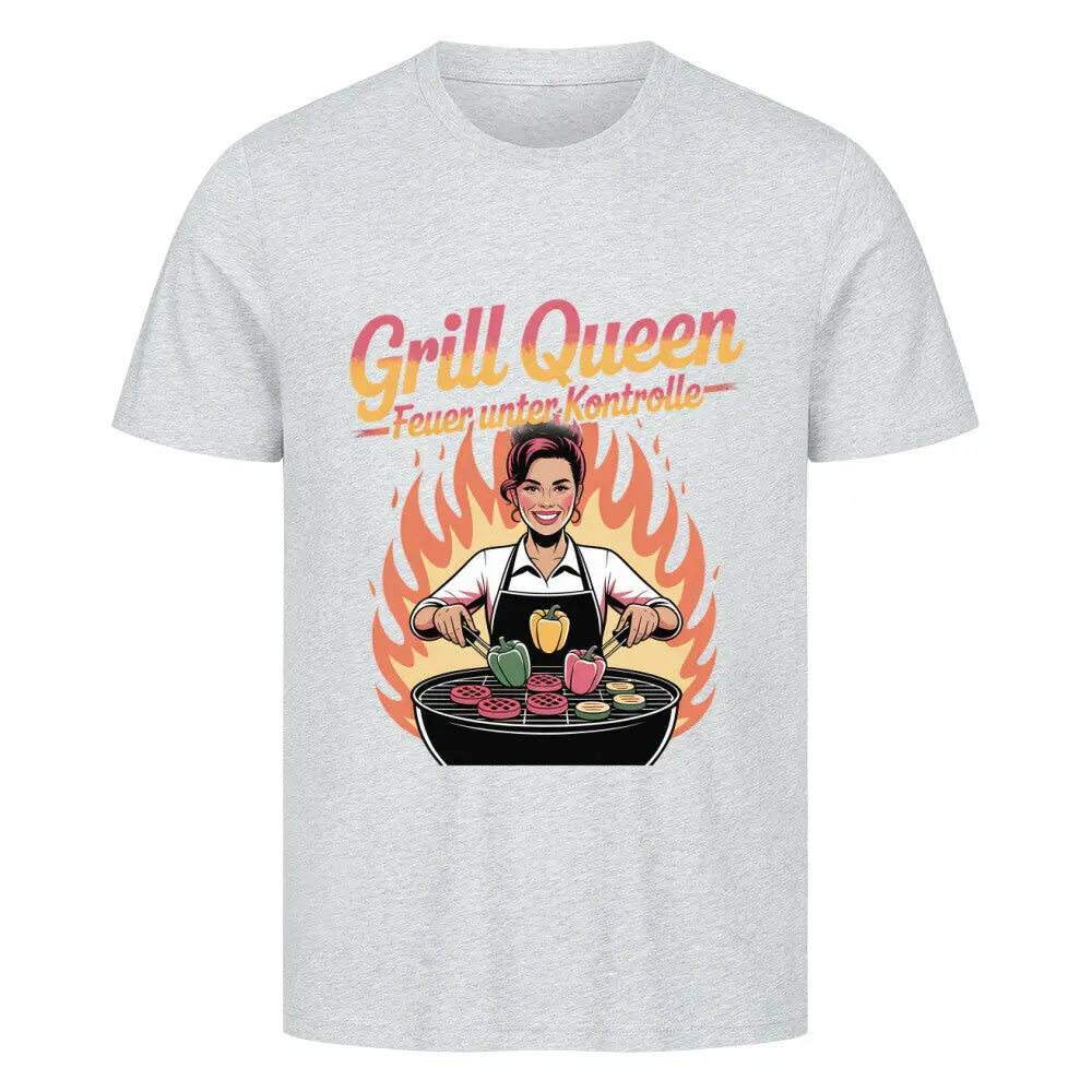 Grill Queen – Feuer unter Kontrolle – Premium T-Shirt – Motivdruck in Heather Grey