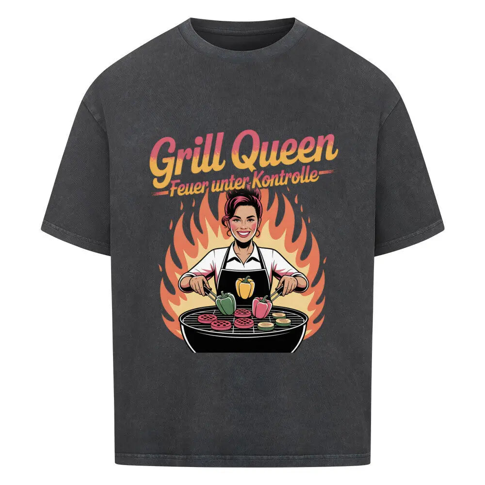 Grill Queen – Feuer unter Kontrolle – Oversized Shirt – Motivdruck in Washed Black