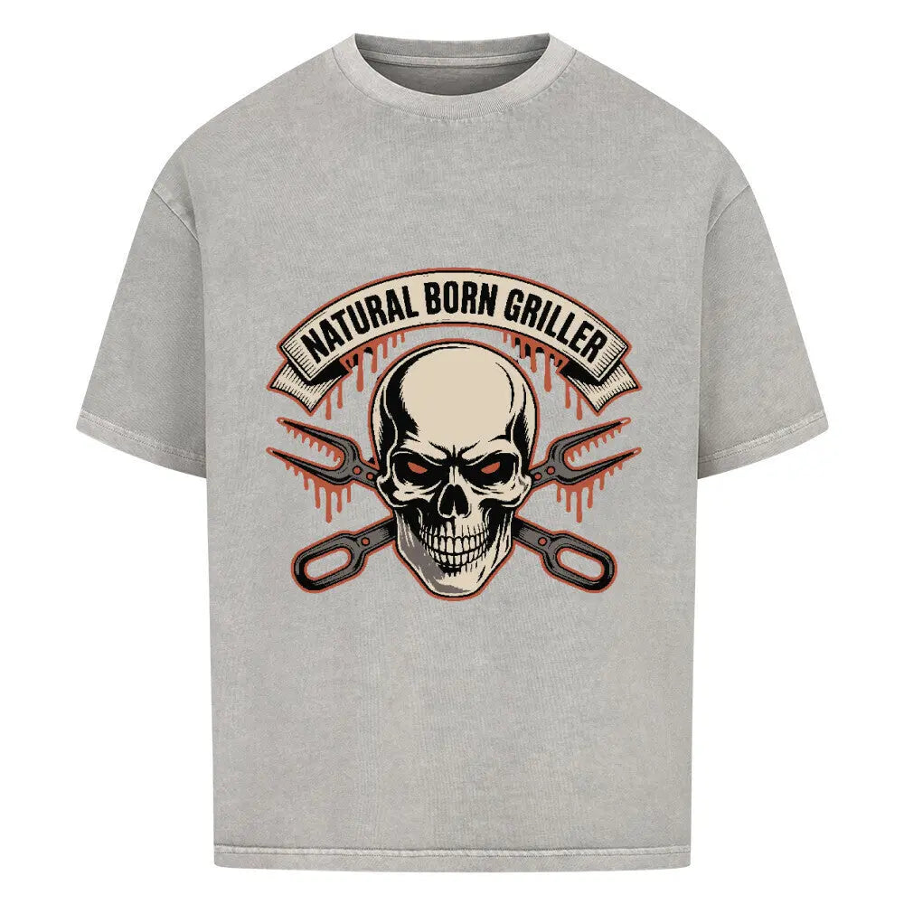 Natural Born Griller – Oversized Shirt – Motivdruck in Washed Grey