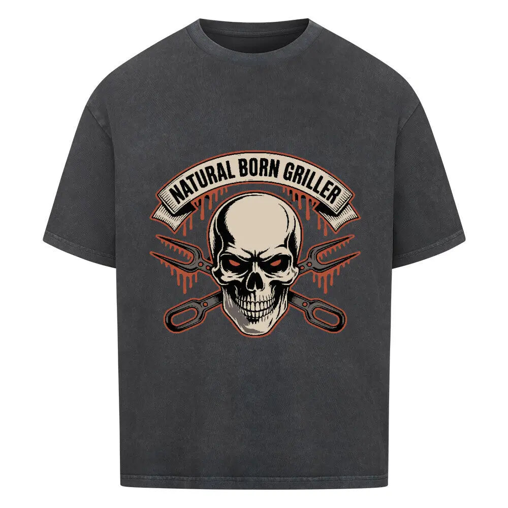 Natural Born Griller – Oversized Shirt – Motivdruck in Washed Black