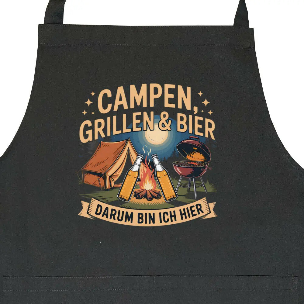 Campen, Grillen & Bier – Kochschürze – Motivdruck in Schwarz, Nahaufnahme