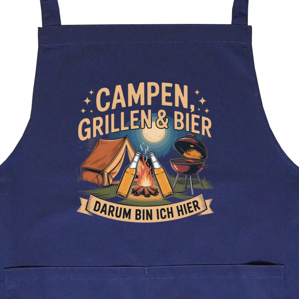 Campen, Grillen & Bier – Kochschürze – Motivdruck in Navy, Nahaufnahme