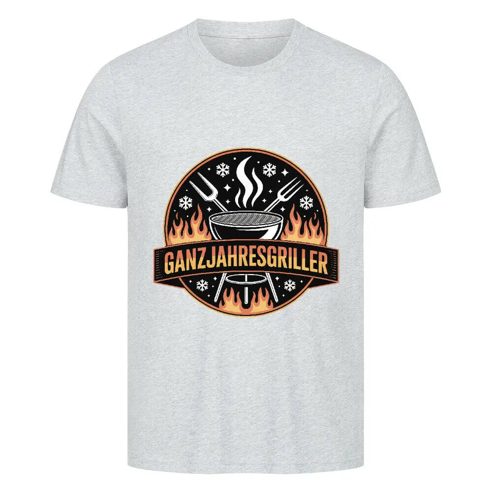 Ganzjahresgriller – Feuer & Schnee Emblem – Premium T-Shirt – Motivdruck in Heather Grey