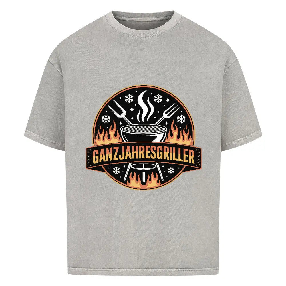Ganzjahresgriller – Feuer & Schnee Emblem – Oversized Shirt – Motivdruck in Washed Grey