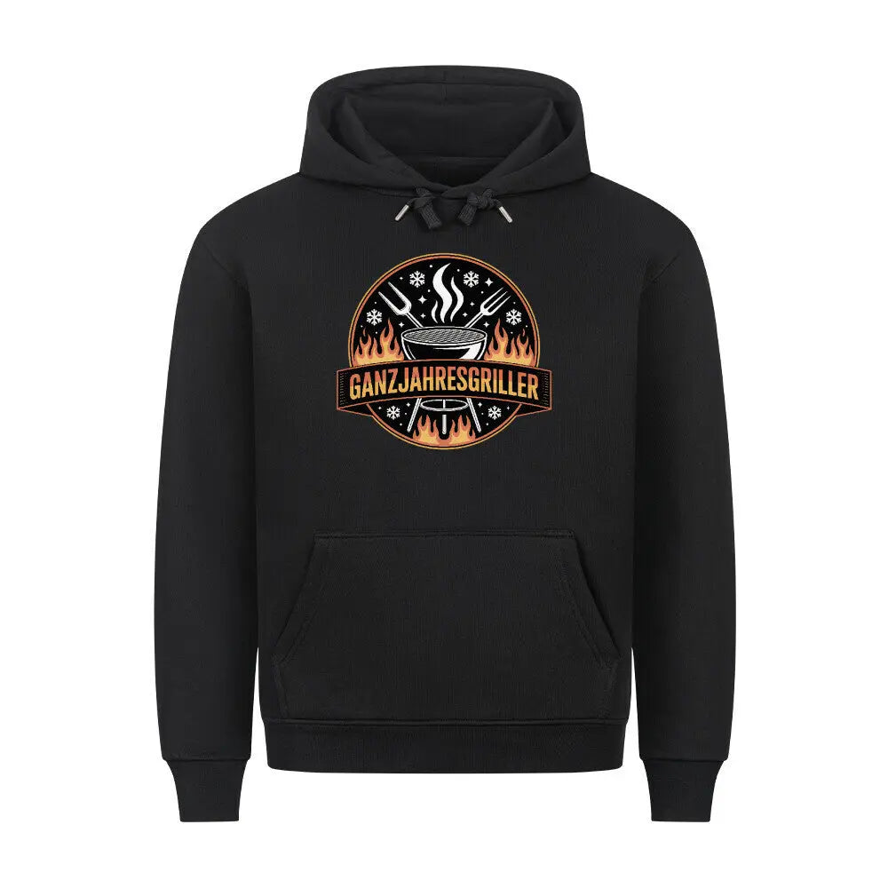 Ganzjahresgriller – Feuer & Schnee Emblem – Premium Hoodie – Motivdruck in Schwarz