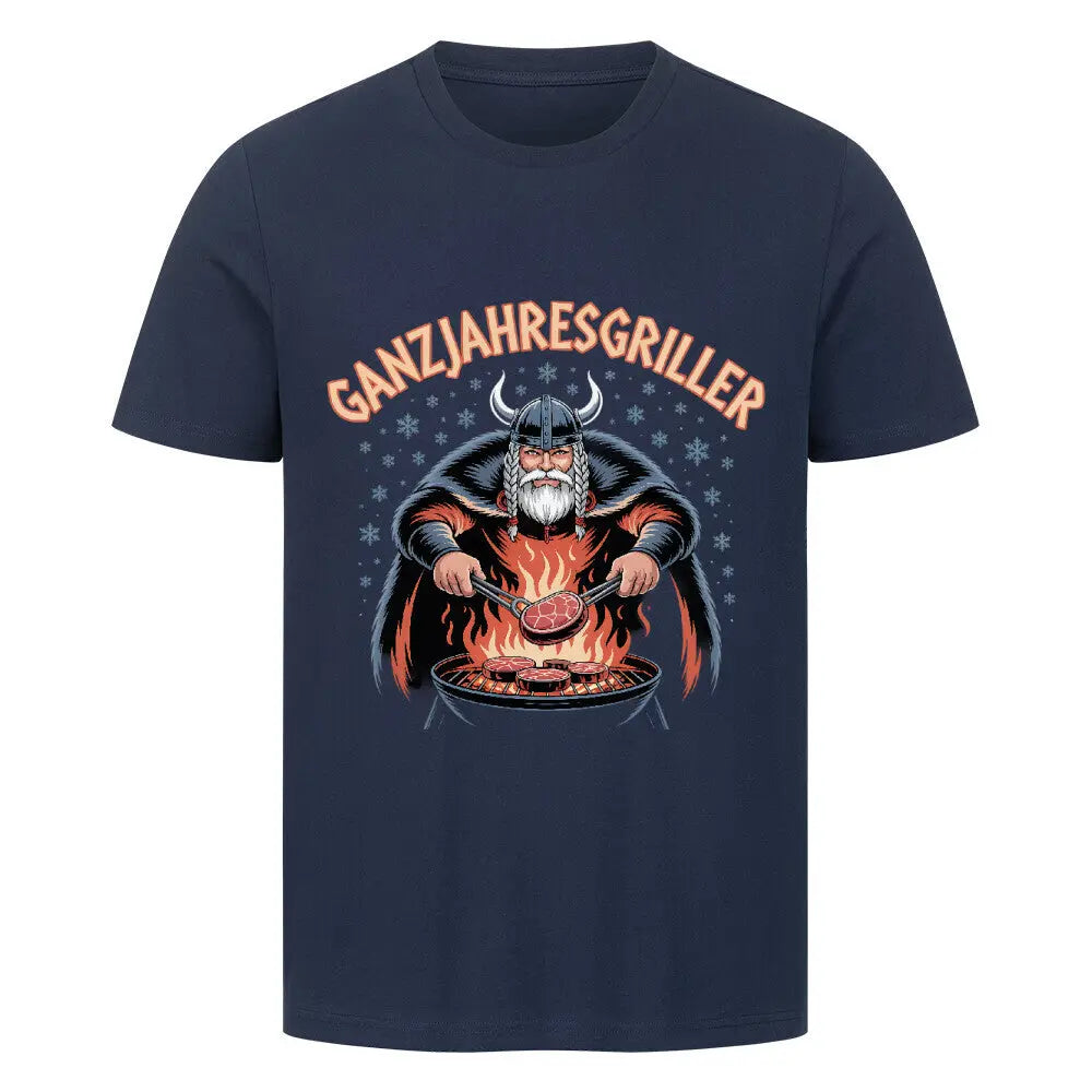 Ganzjahresgriller – Wikinger am Grill – Premium T-Shirt – Motivdruck in French Navy