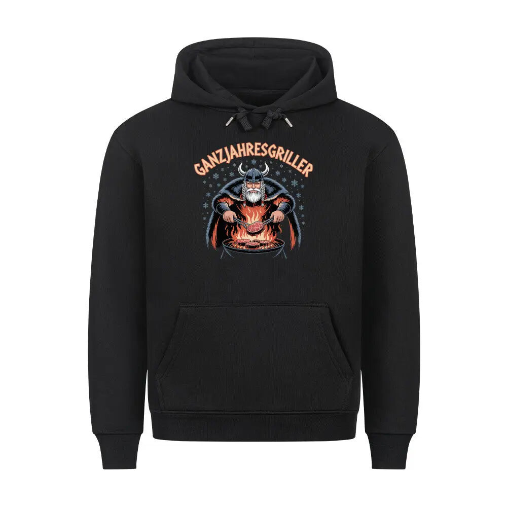 Ganzjahresgriller – Wikinger am Grill – Premium Hoodie – Motivdruck in Schwarz