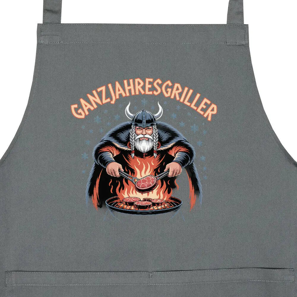 Ganzjahresgriller – Wikinger am Grill – Grillschürze – Motivdruck in Anthrazit, Nahaufnahme