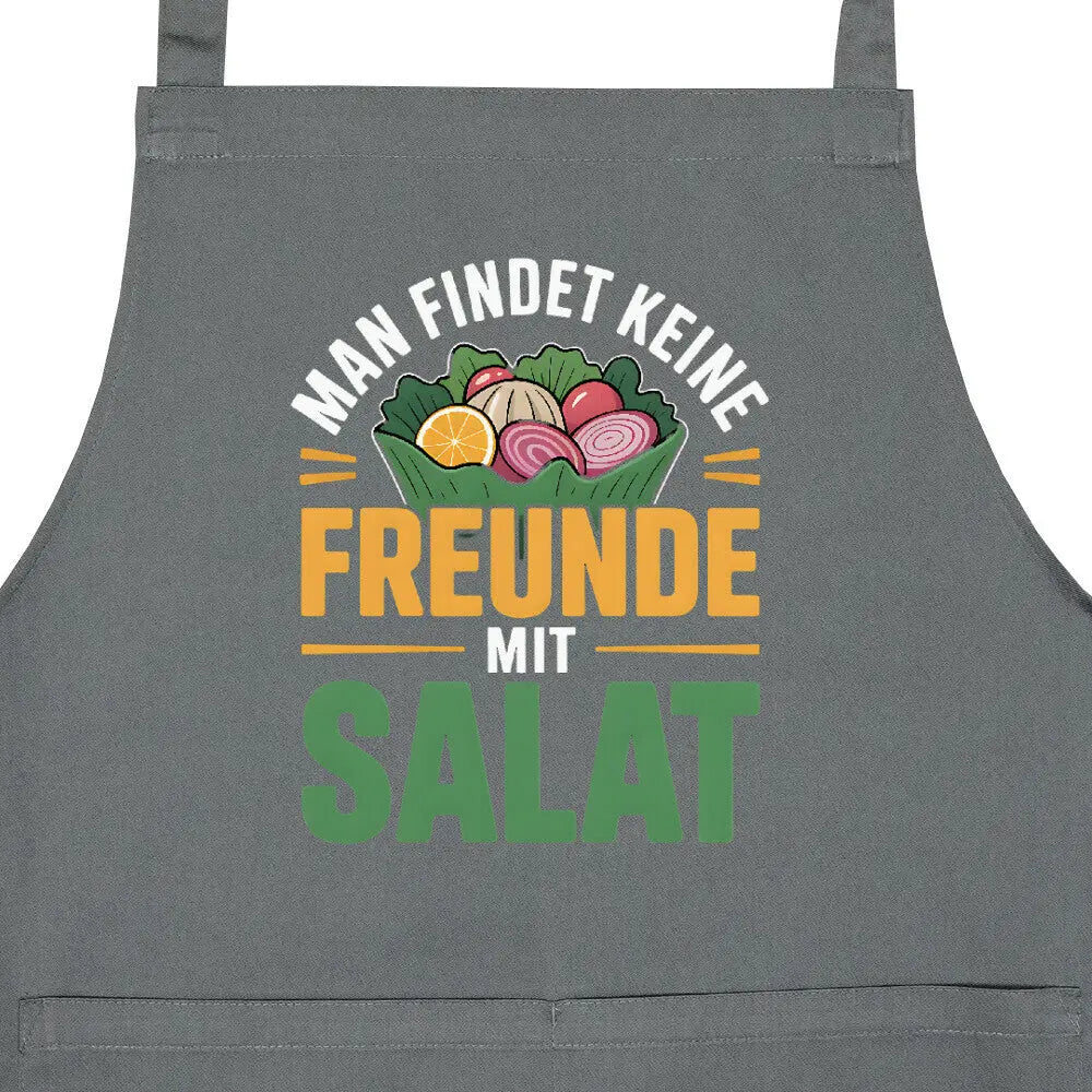 Man findet keine Freunde mit Salat – Kochschürze – Motivdruck in Anthrazit, Nahaufnahme
