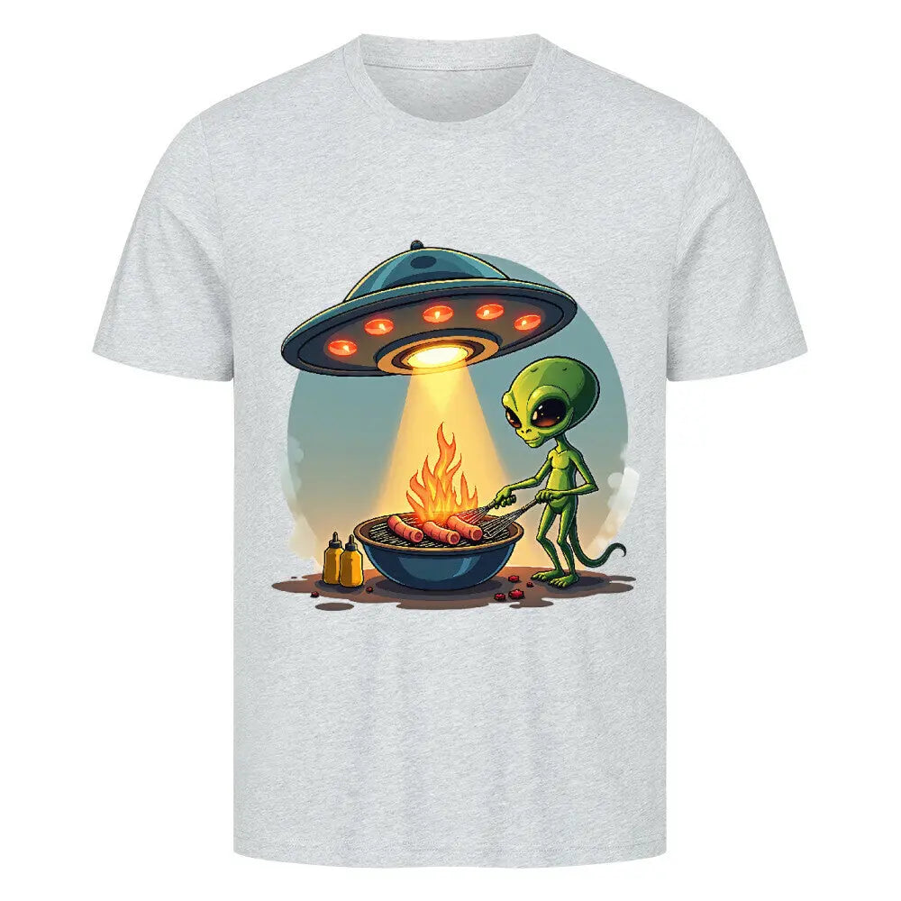 Alien BBQ – Intergalactic Grill Session – Premium T-Shirt – Motivdruck in Heather Grey