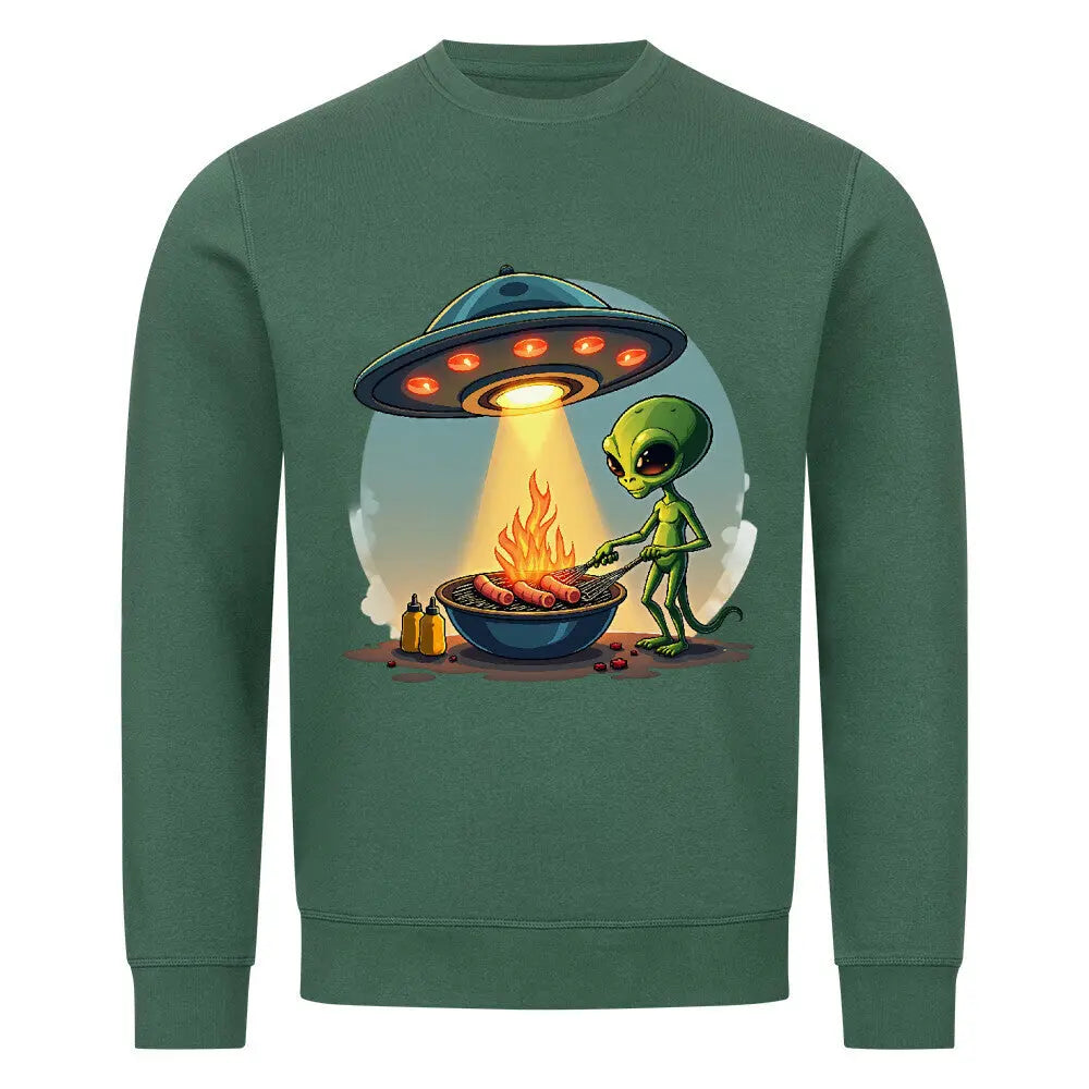 Alien BBQ – Intergalactic Grill Session – Premium Sweatshirt – Motivdruck in Varsity Green