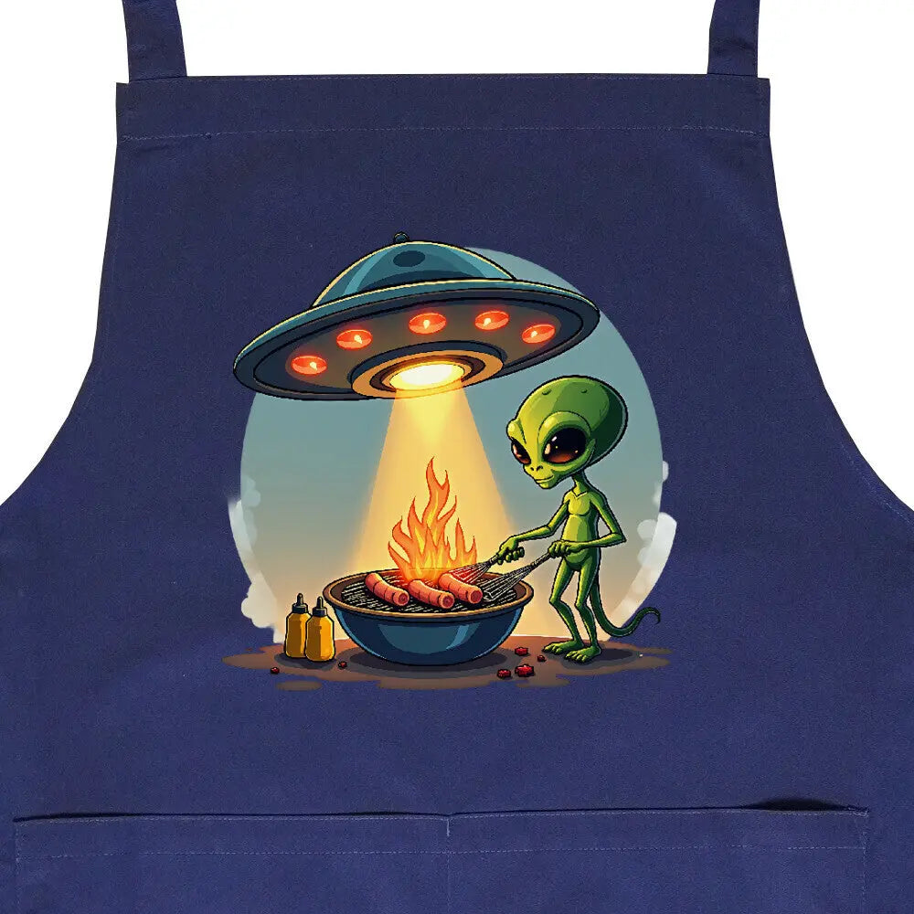 Alien BBQ – Intergalactic Grill Session – Grillschürze – Motivdruck in Navy, Nahaufnahme
