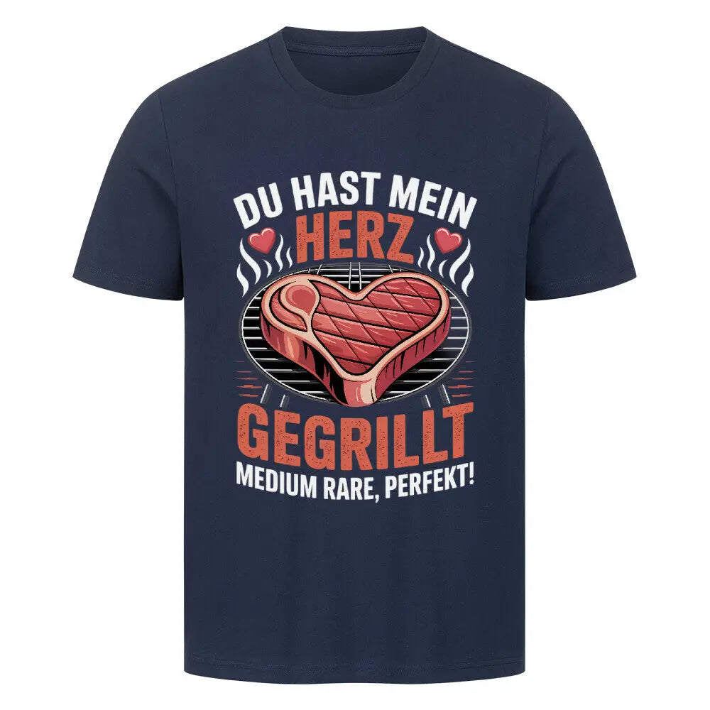 Du hast mein Herz gegrillt – Premium T-Shirt (BBQ & Romantik) – Motivdruck in French Navy