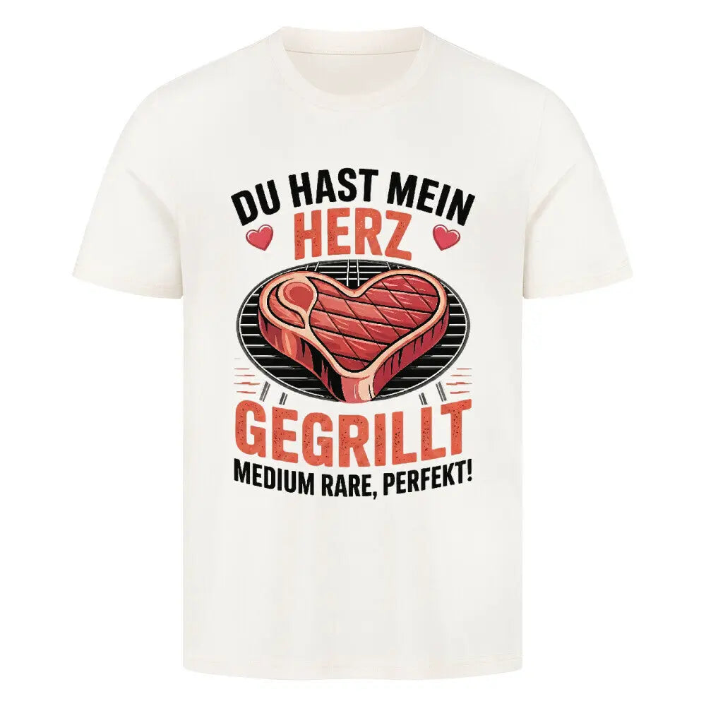 Du hast mein Herz gegrillt – Premium T-Shirt (BBQ & Romantik) – Motivdruck in Natural Raw
