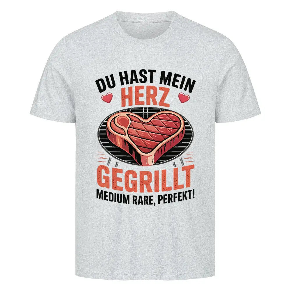 Du hast mein Herz gegrillt – Premium T-Shirt (BBQ & Romantik) – Motivdruck in Heather Grey