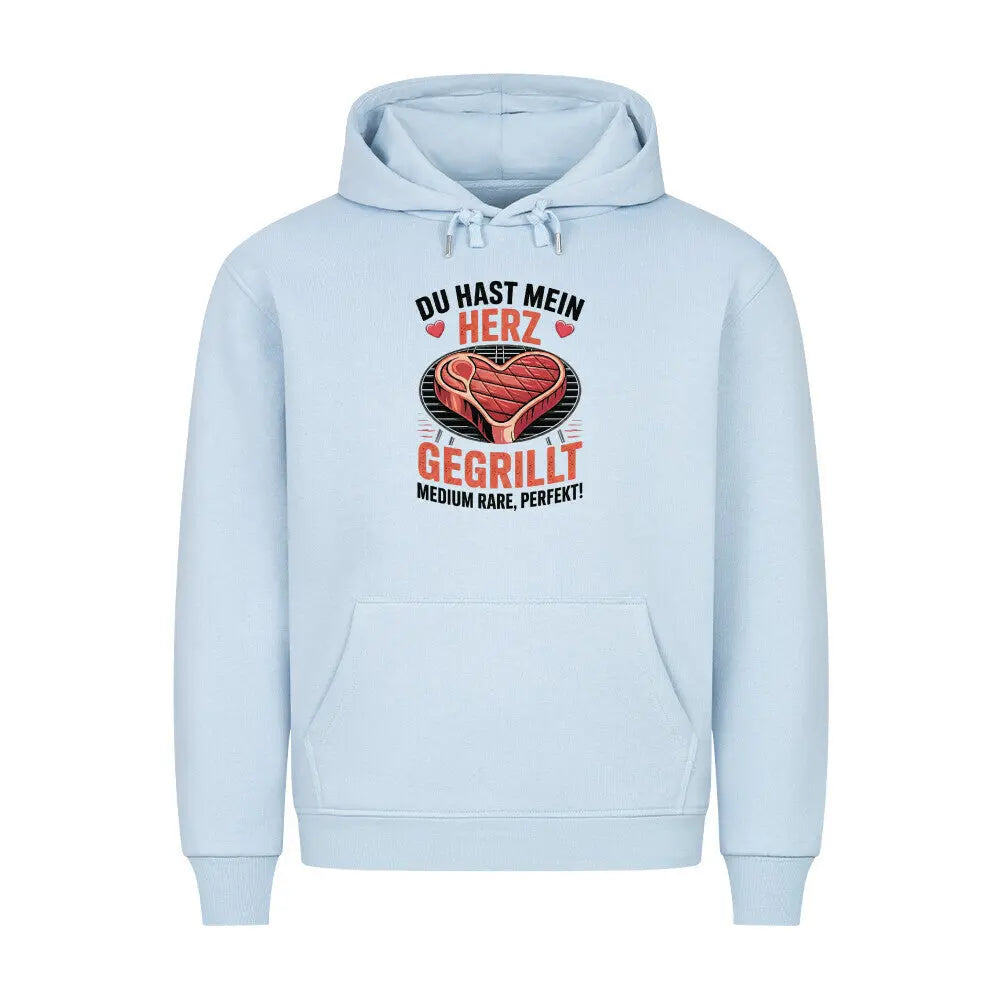 Du hast mein Herz gegrillt – Premium Hoodie (BBQ & Romantik) – Motivdruck in Babyblau