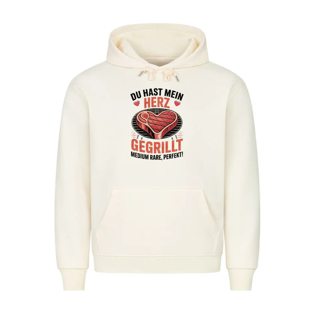Du hast mein Herz gegrillt – Premium Hoodie (BBQ & Romantik) – Motivdruck in Beige