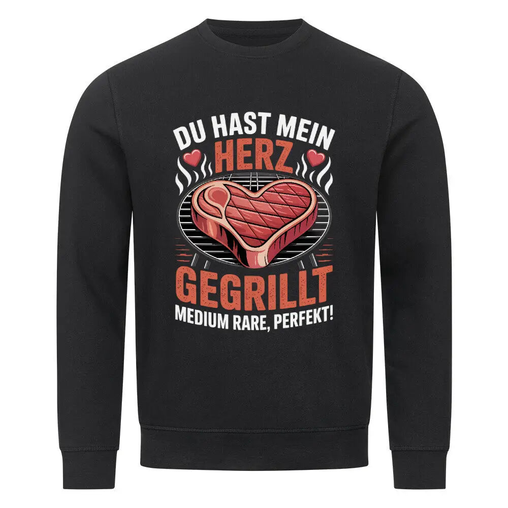 Du hast mein Herz gegrillt – Premium Organic Sweatshirt (BBQ & Romantik) – Motivdruck in Schwarz