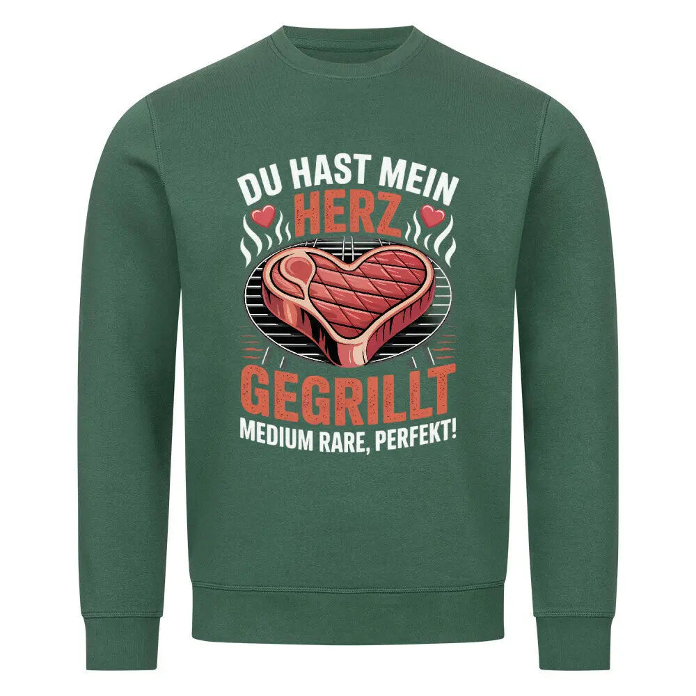 Du hast mein Herz gegrillt – Premium Organic Sweatshirt (BBQ & Romantik) – Motivdruck in Varsity Green