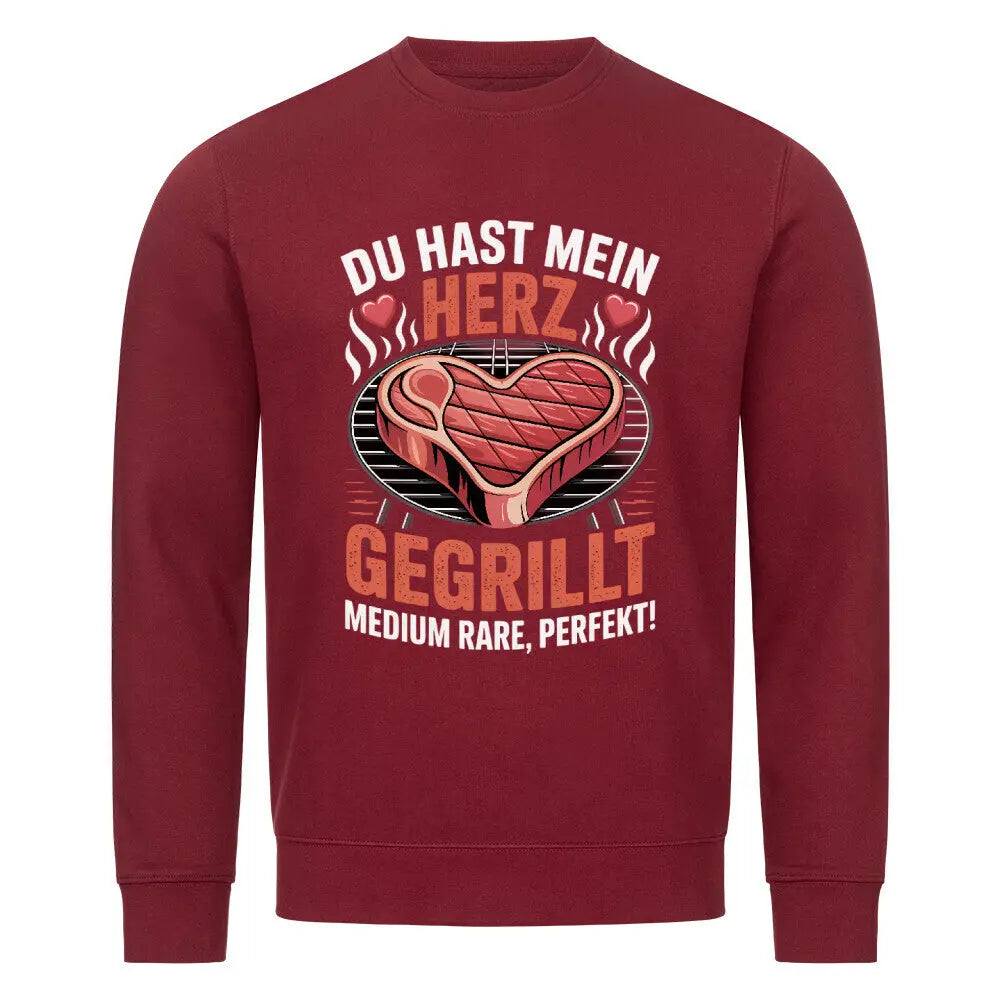Du hast mein Herz gegrillt – Premium Organic Sweatshirt (BBQ & Romantik) – Motivdruck in Burgunder