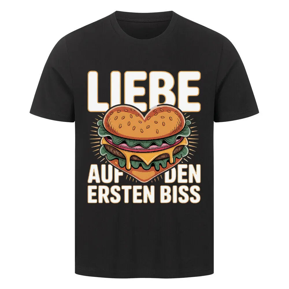 Liebe auf den ersten Biss – Premium T-Shirt (Burger-Liebe) – Motivdruck in Schwarz