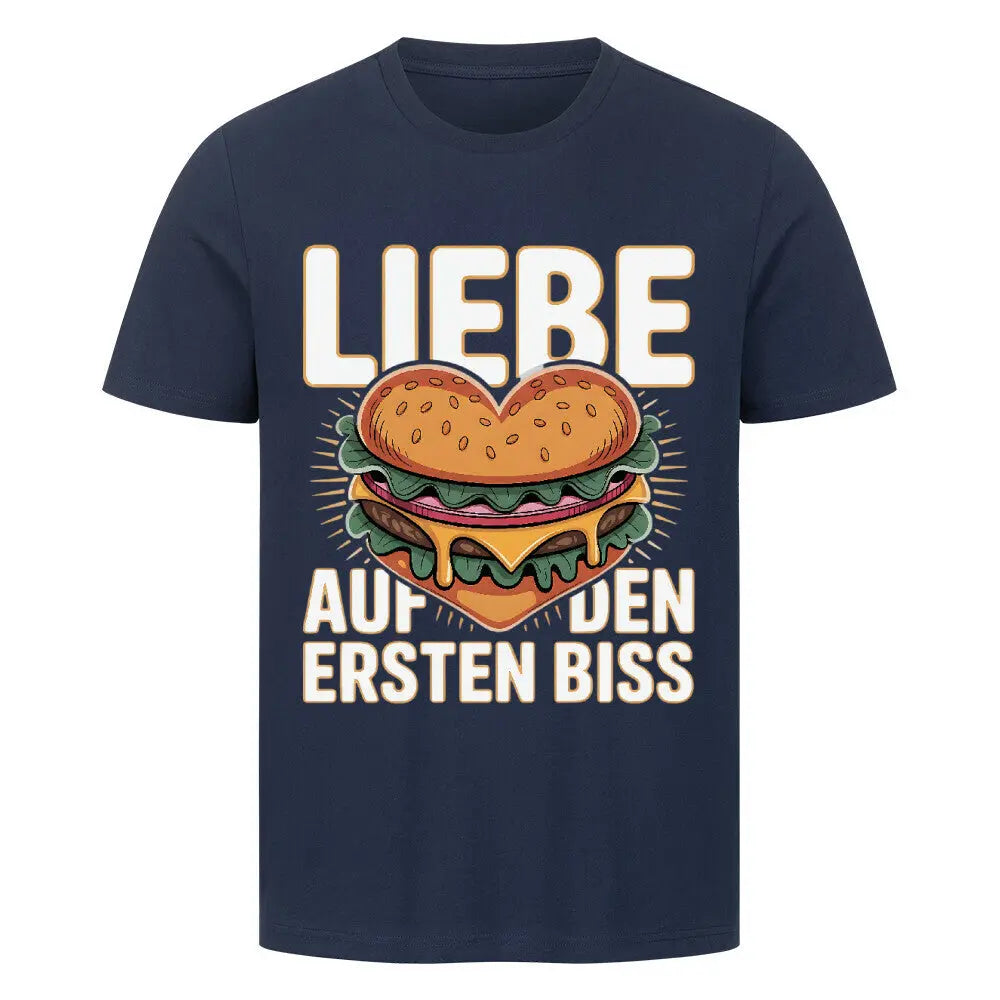 Liebe auf den ersten Biss – Premium T-Shirt (Burger-Liebe) – Motivdruck in French Navy