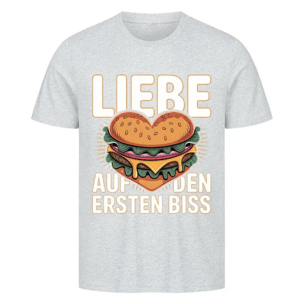 Liebe auf den ersten Biss – Premium T-Shirt (Burger-Liebe) – Motivdruck in Heather Grey