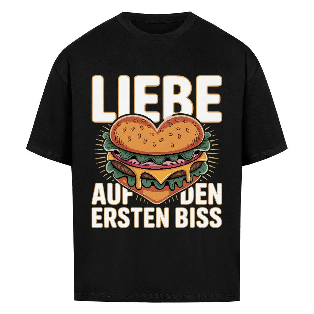 Liebe auf den ersten Biss – BBQ Burger Oversized T-Shirt (Herren & Damen Grill Style) – Motivdruck in Schwarz