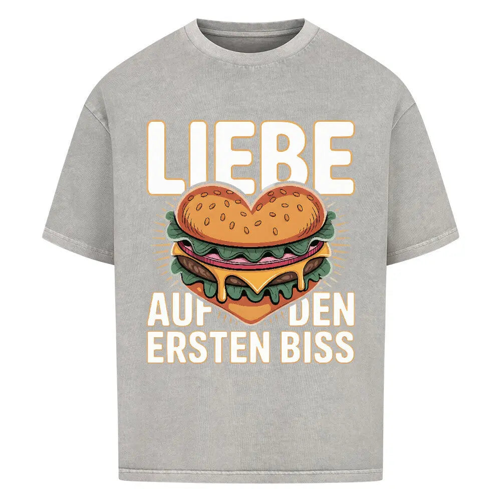 Liebe auf den ersten Biss – BBQ Burger Oversized T-Shirt (Herren & Damen Grill Style) – Motivdruck in Washed Grey