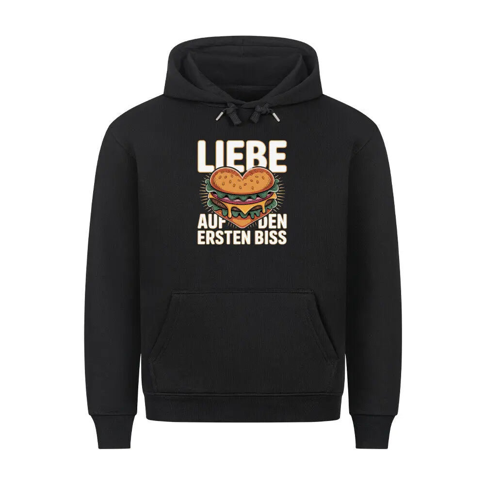 Liebe auf den ersten Biss – Premium Hoodie (Burger-Liebe) – Motivdruck in Schwarz