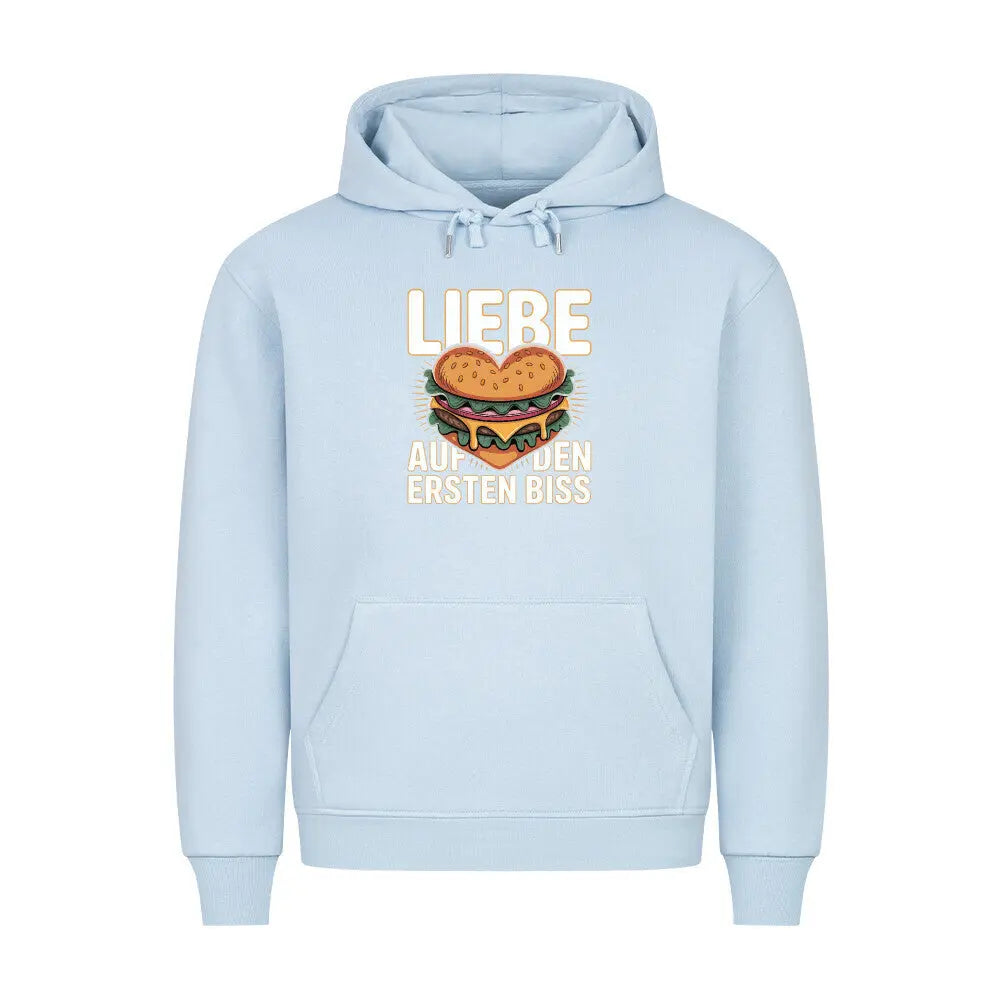 Liebe auf den ersten Biss – Premium Hoodie (Burger-Liebe) – Motivdruck in Babyblau