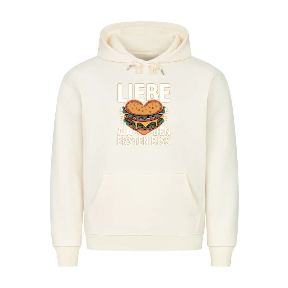 Liebe auf den ersten Biss – Premium Hoodie (Burger-Liebe) – Motivdruck in Beige