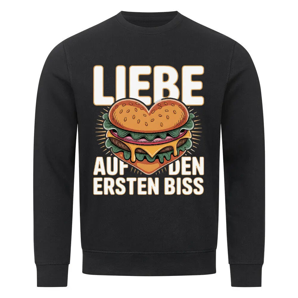 Liebe auf den ersten Biss – Premium Organic Sweatshirt (Burger-Liebe) – Motivdruck in Schwarz