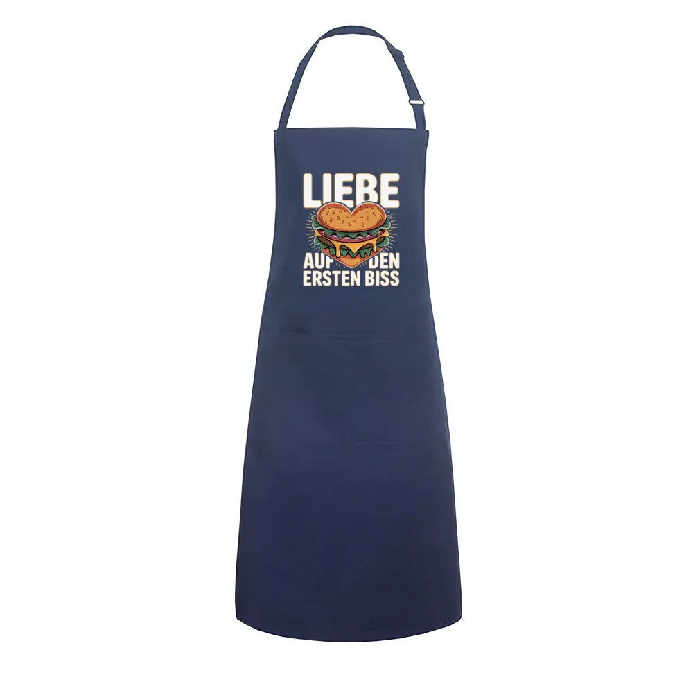 Liebe auf den ersten Biss – Premium Grillschürze (BBQ-Design) – Motivdruck in Navy