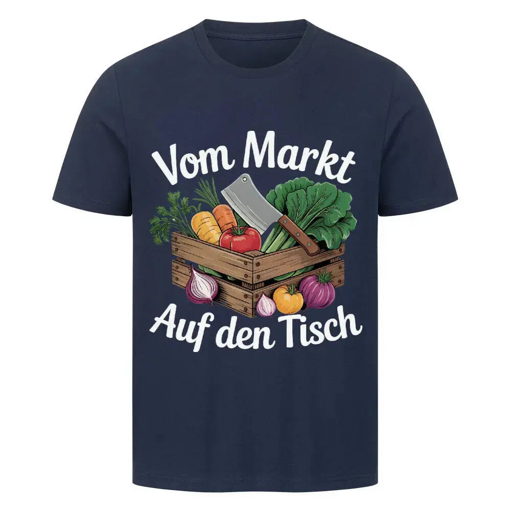 Vom Markt auf den Tisch – Premium T-Shirt (Farm-to-Table Kochdesign) – Motivdruck in French Navy