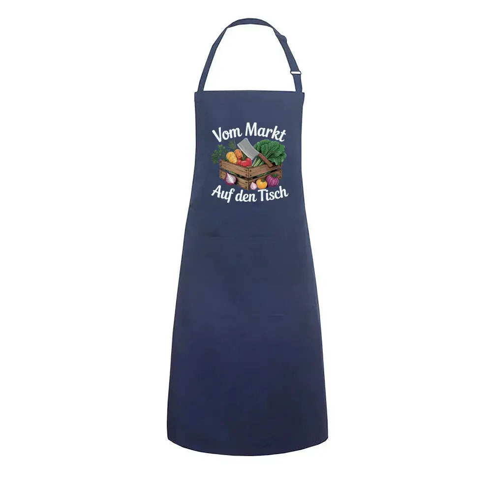 Vom Markt auf den Tisch – Meatware Premium Kochschürze – Motivdruck in Navy