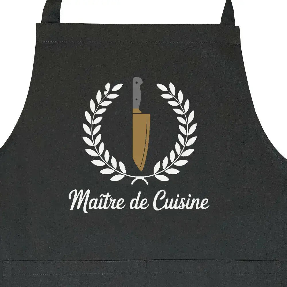 Maître de Cuisine – Premium Grillschürze für Grillmeister – Motivdruck in Schwarz, Nahaufnahme