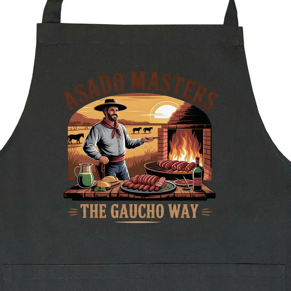 Asado Masters The Gaucho Way – Premium Grillschürze (Argentinisches Grillen & Open Fire Kochs – Motivdruck in Schwarz, Nahaufnahme
