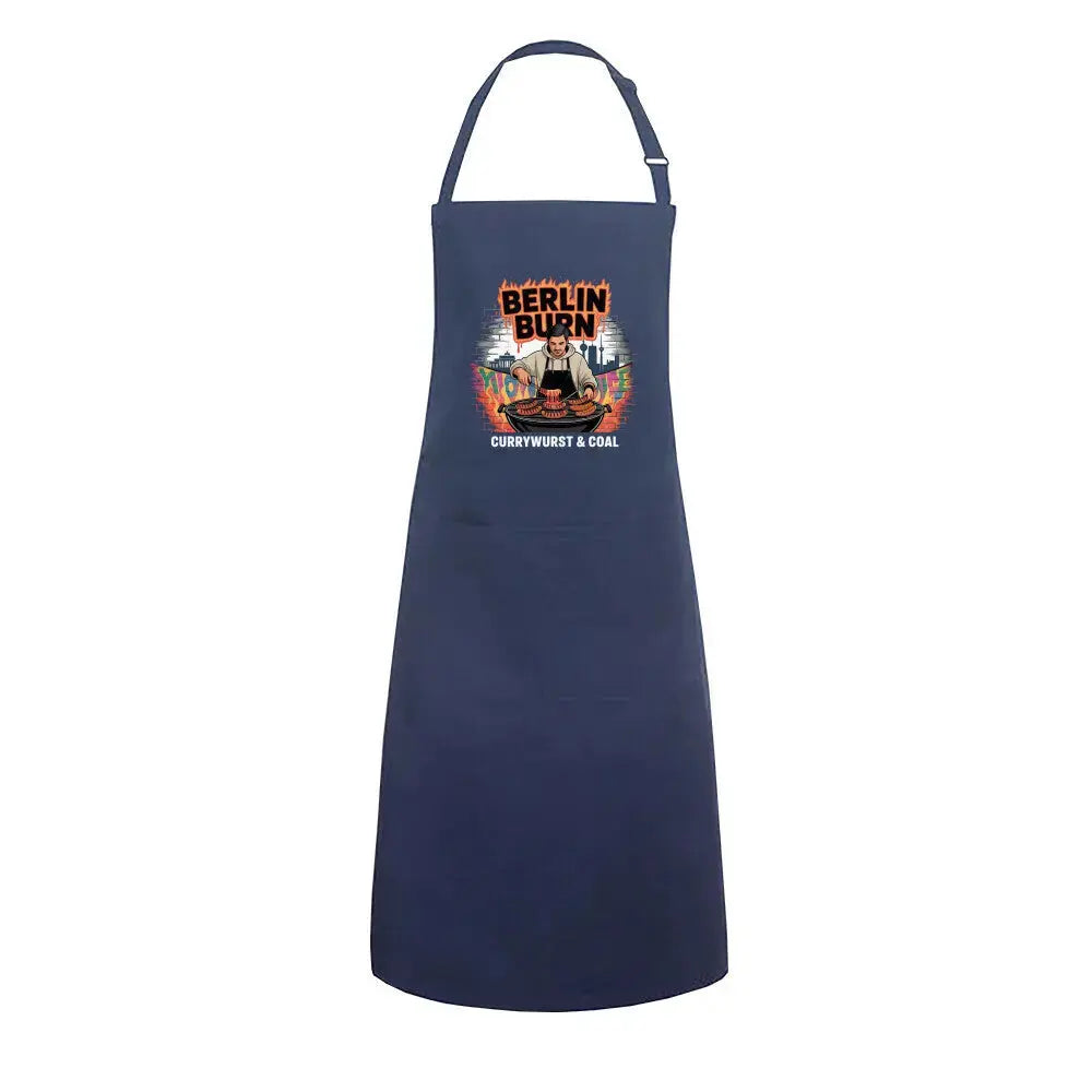 Berlin Burn – Premium Grillschürze (Currywurst & Coal Urban BBQ Zubehör) – Motivdruck in Navy