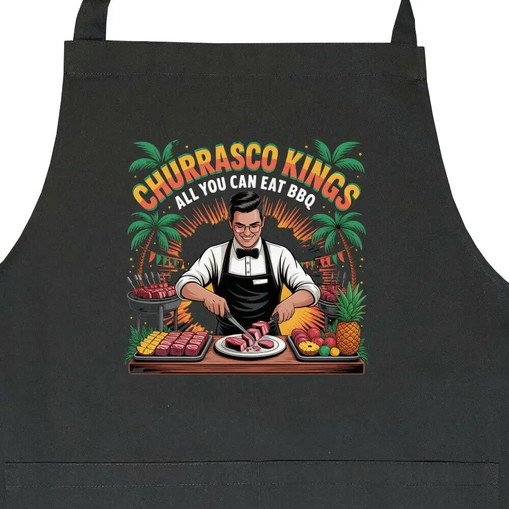 Churrasco Kings Grillschürze – All You Can Eat BBQ | Profi-Latzschürze – Motivdruck in Schwarz, Nahaufnahme