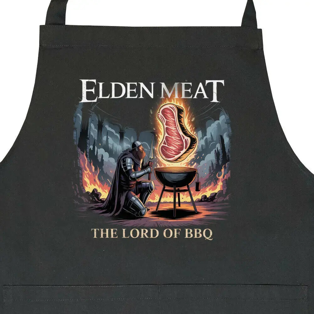 Elden Meat Grillschürze – The Lord of BBQ | Epische Gamer Grillschürze – Motivdruck in Schwarz, Nahaufnahme