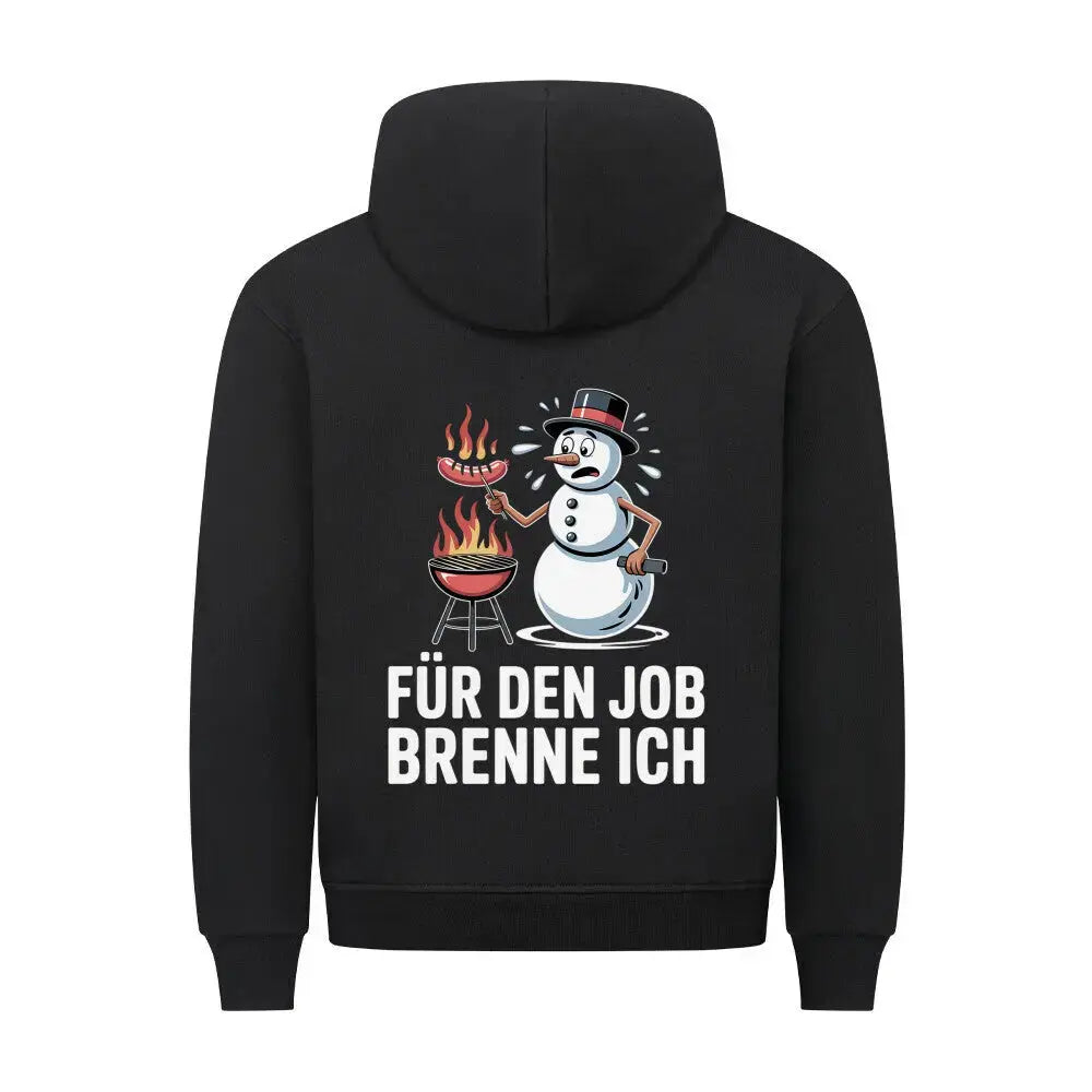 Für den Job brenne ich Premium Hoodie – Schneemann Edition | Vor- & Rückendruck – Motivdruck in Schwarz, Nahaufnahme