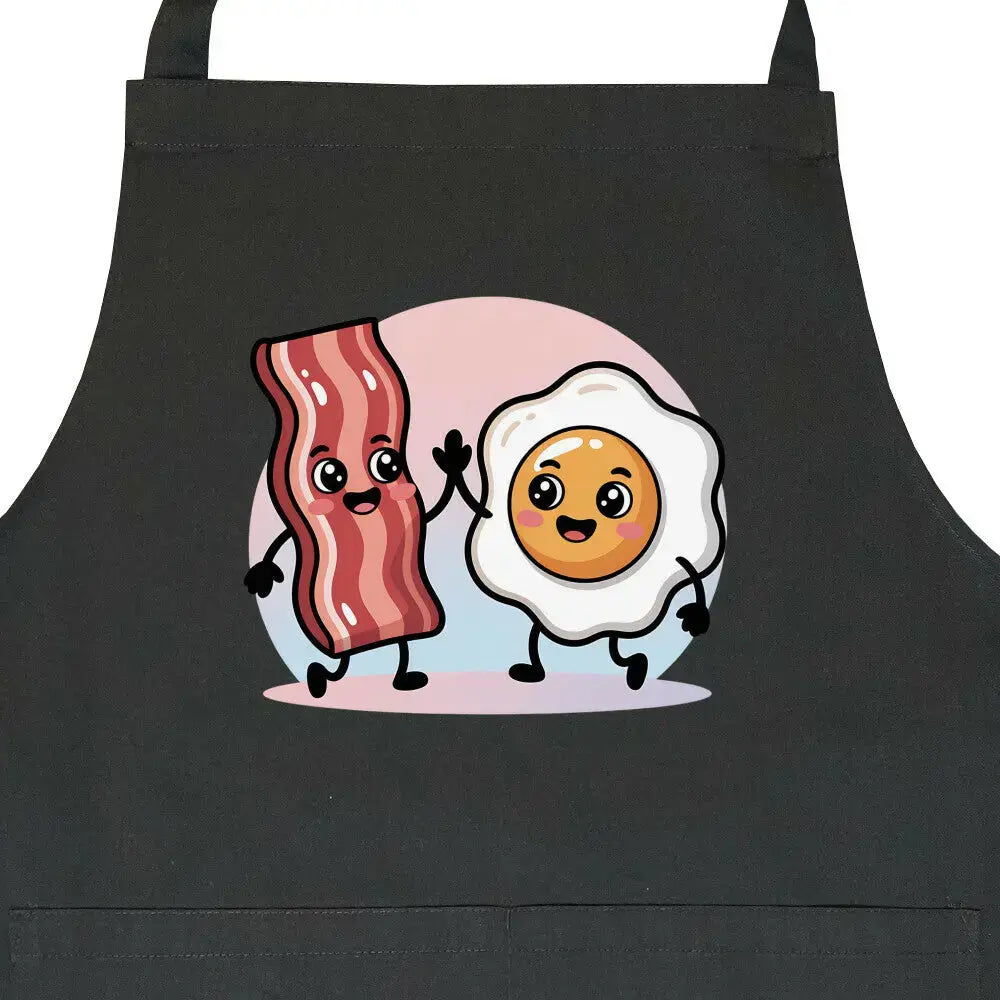 Bacon & Egg Friends – Premium Grillschürze (Lässige Kochschürze für Frühstück & BBQ) – Motivdruck in Schwarz, Nahaufnahme