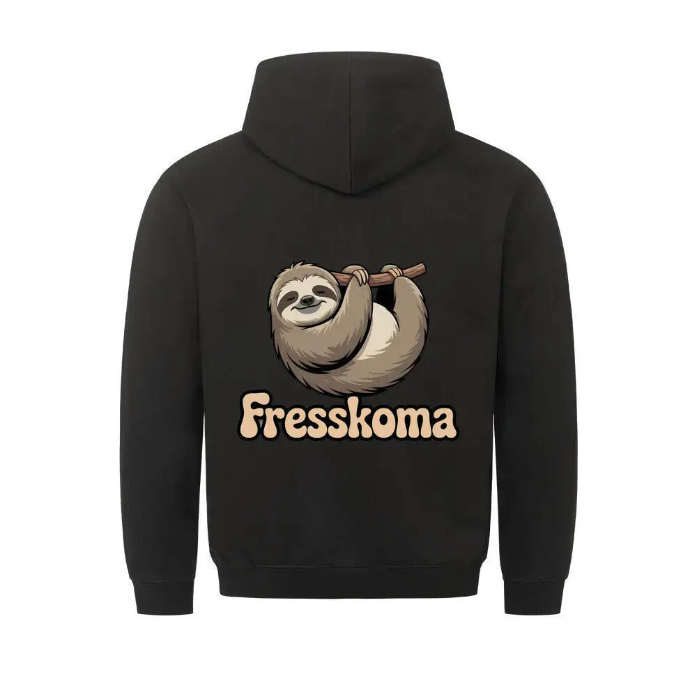 Fresskoma Classic Hoodie – Full Print Edition | Vorne, Hinten & Ärmel-Design – Motivdruck in Schwarz, Nahaufnahme