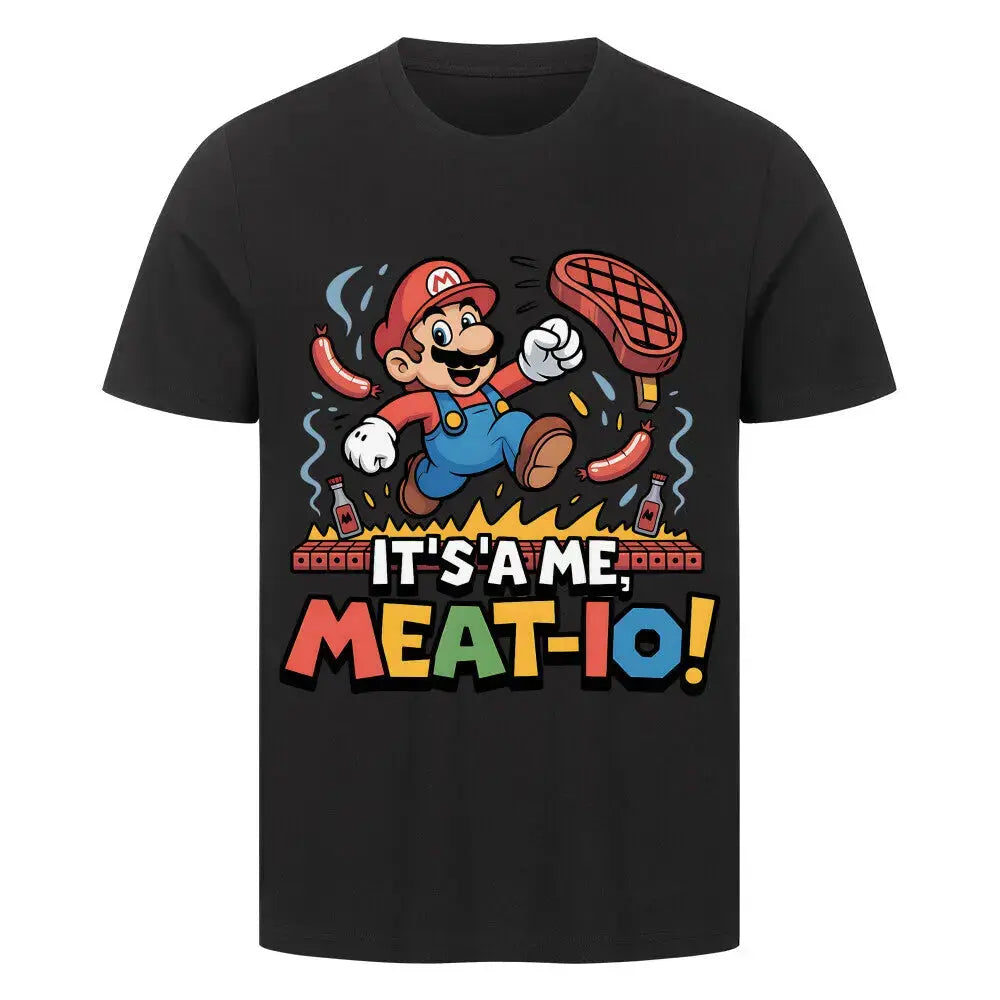 Meat-io Fleisch-Klempner T-Shirt – Retro Gamer BBQ Mashup | Meatware® – Motivdruck in Schwarz